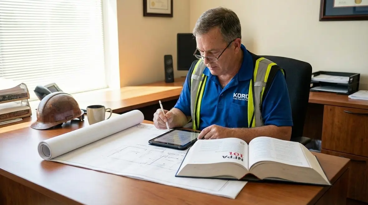 Technician reviewing California fire code requirements for testing