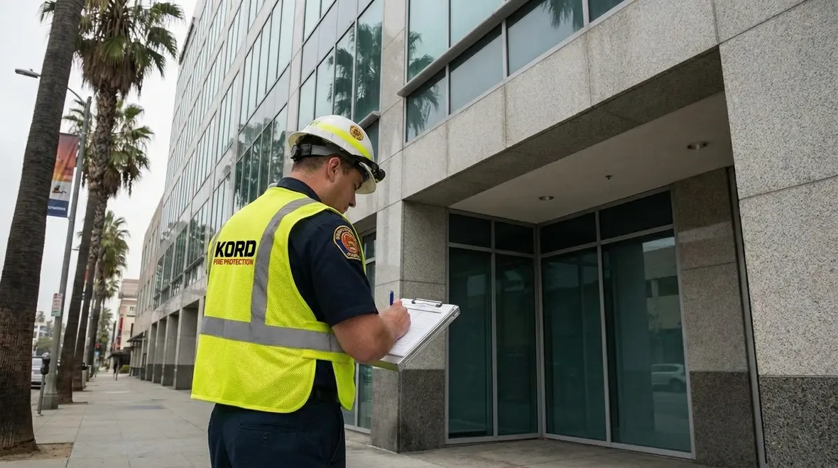 Los Angeles fire code overview with technician reviewing inspection schedule