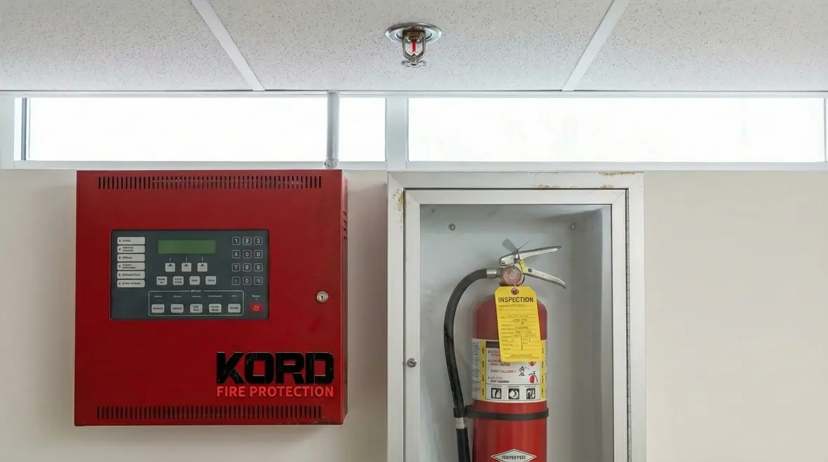 Fire marshal reviewing fire protection systems during inspection