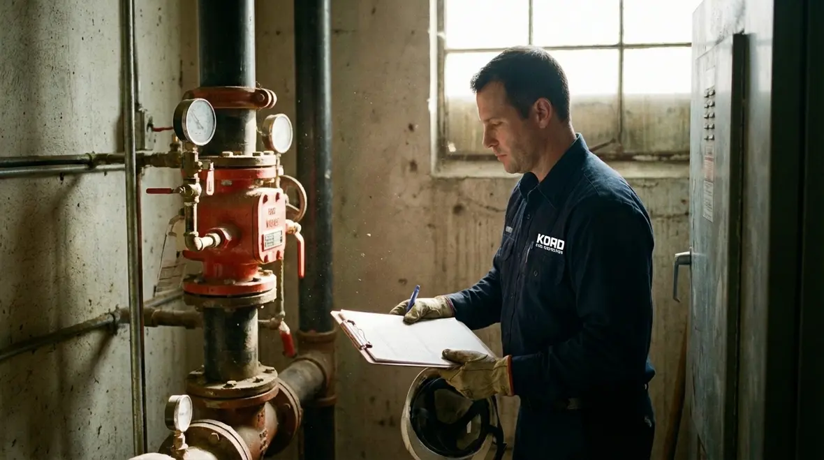 Inspector checking storage and clearance around fire protection equipment