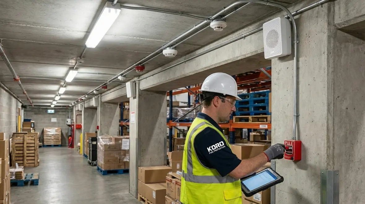 Technician reviewing warehouse fire safety plan