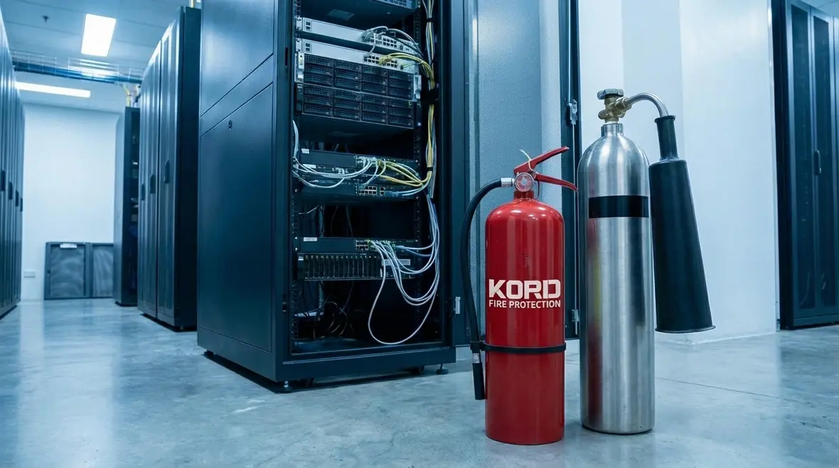 Fire protection technician inspecting server room extinguishers