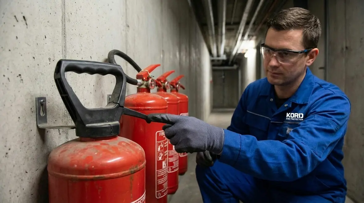 Wall of labeled fire extinguishers ready for inspection