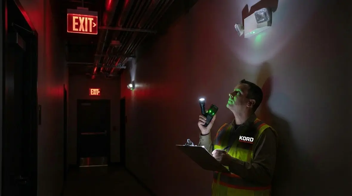 Technician reviewing annual emergency lighting test documentation