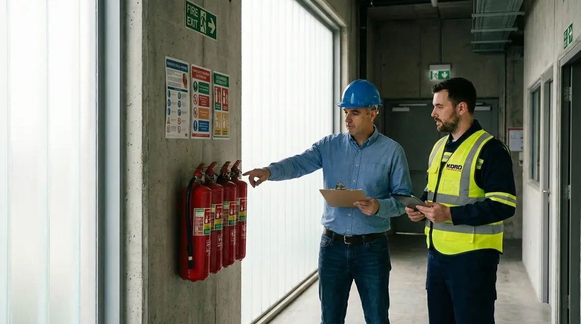 Inspector checking fire extinguisher gauge and safety pin
