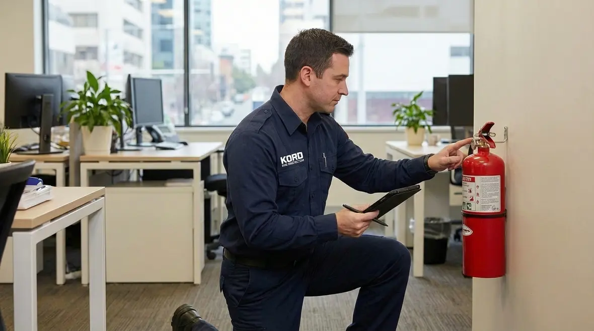 Closeup of a fire extinguisher pressure gauge in the green zone