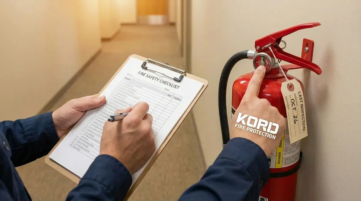 Row of wall-mounted fire extinguishers ready for inspection