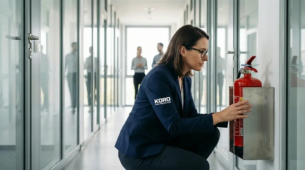 Technician performing a monthly fire extinguisher inspection checklist