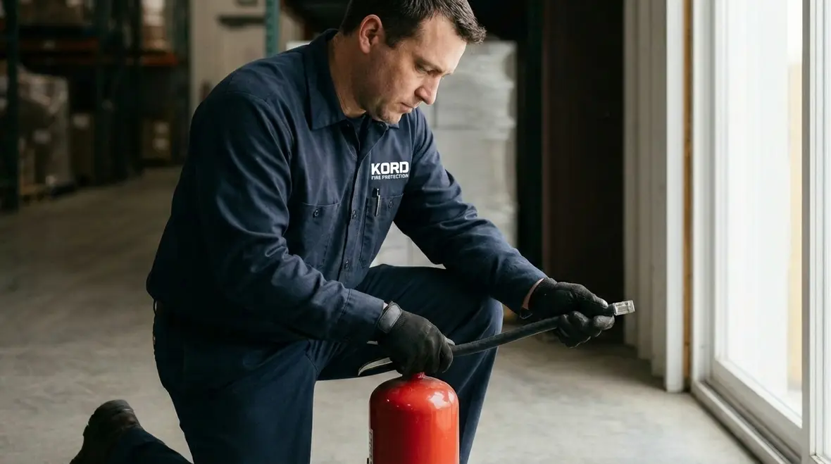 Technician performing an annual fire extinguisher inspection