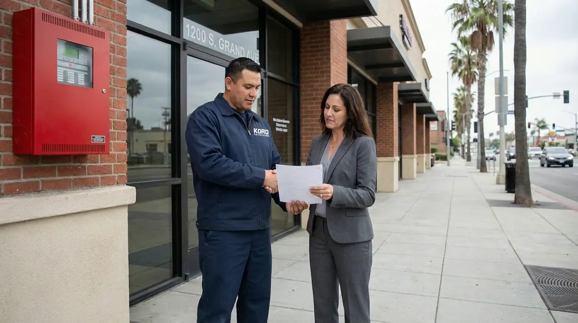 Technician performing annual fire system testing in Los Angeles