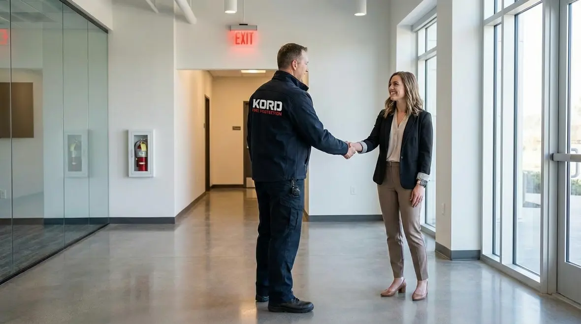 Fire marshal walking a building with Kord Fire Protection technician