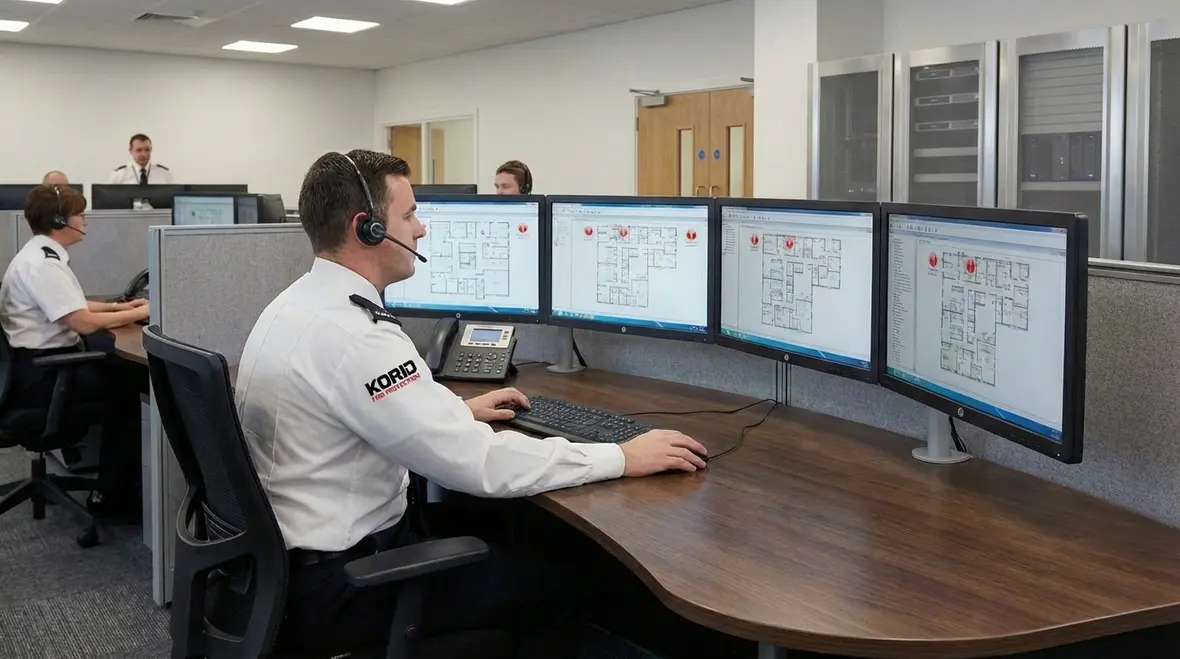 Technician reviewing commercial fire alarm monitoring panel