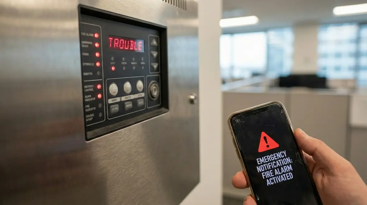 Commercial fire alarm monitoring equipment in a control room