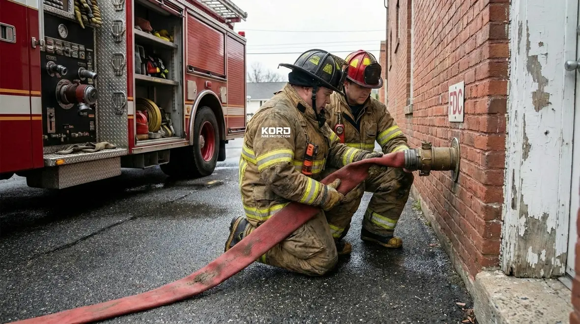 Fire department pumping into manual standpipe connection