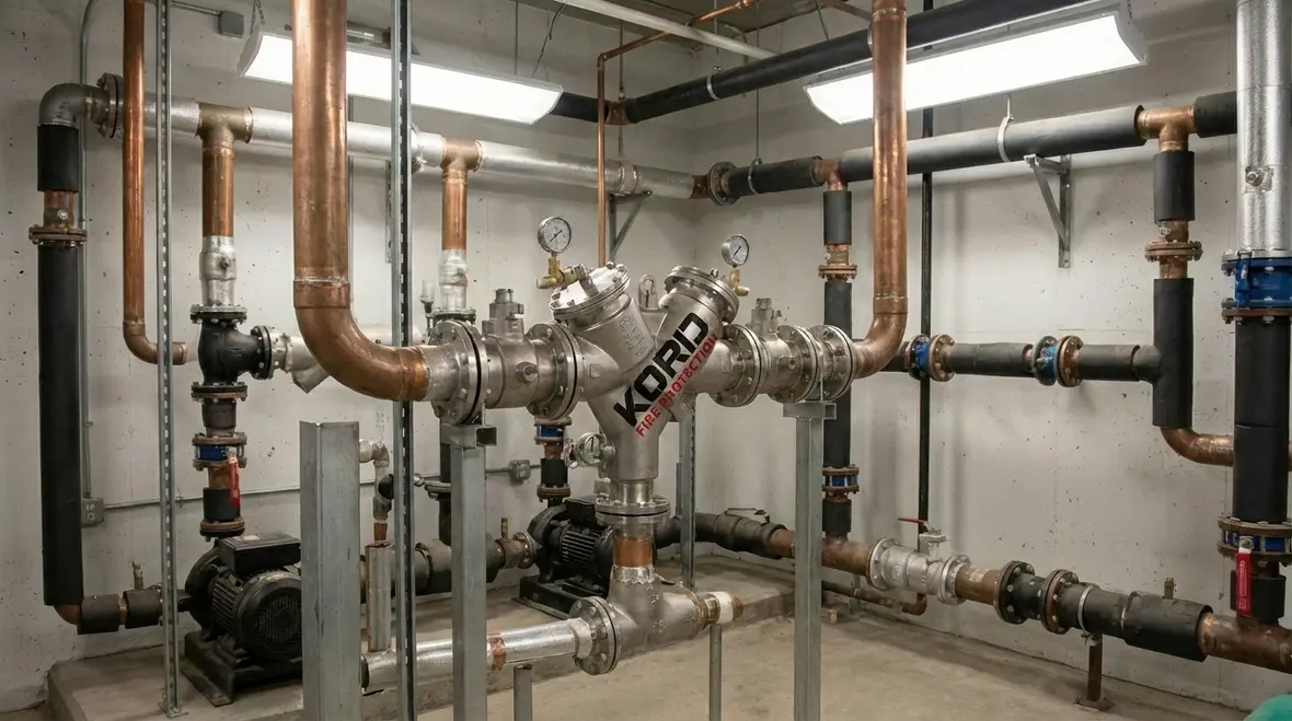 Fire line backflow preventer on exterior fire riser