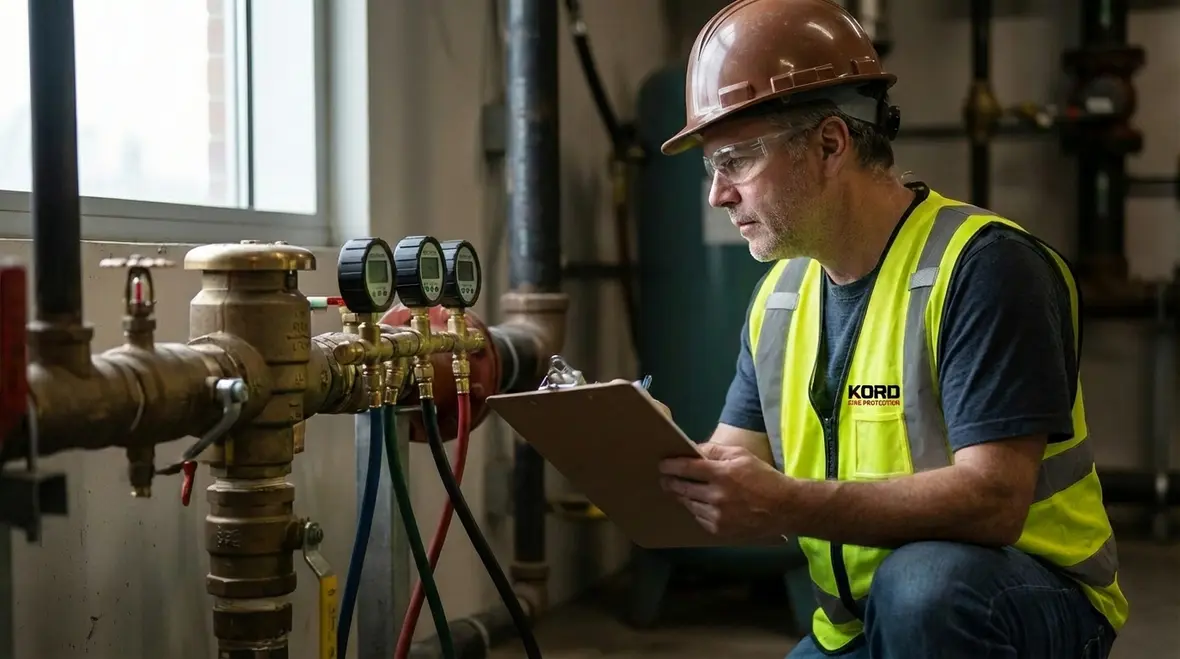 Diagram of normal flow and backflow in fire sprinkler piping