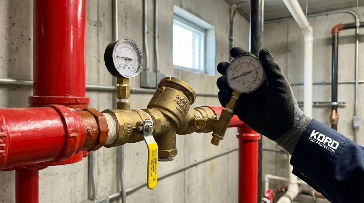 Technician performing backflow testing on fire sprinkler system