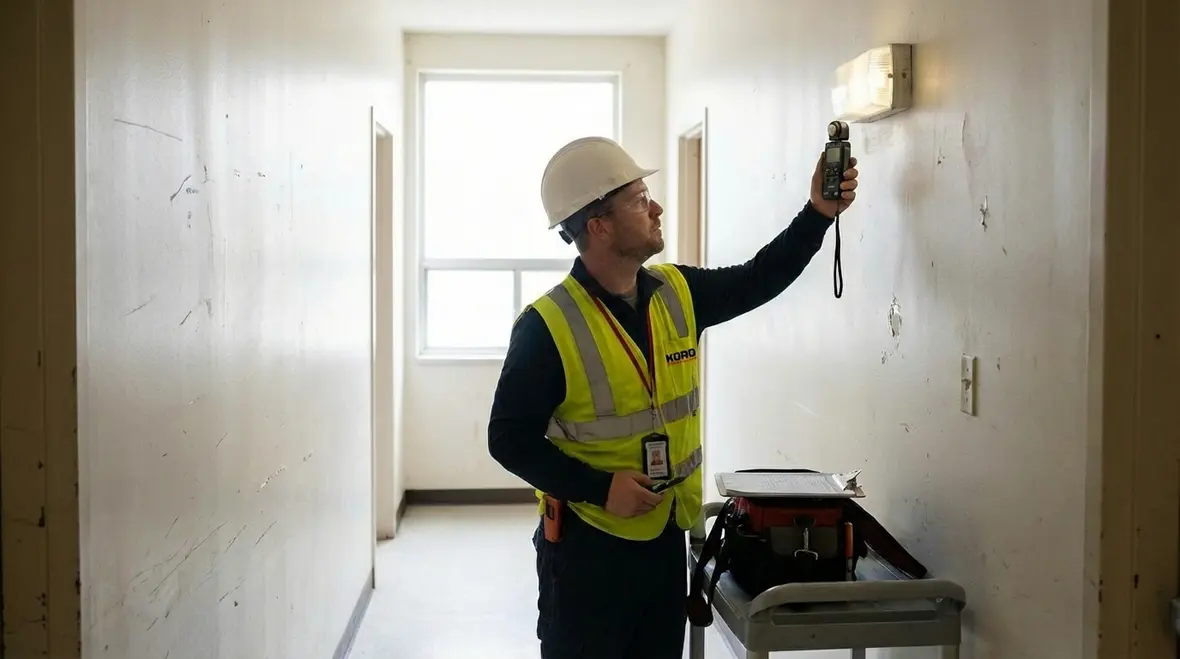 Technician testing battery backup emergency lighting unit