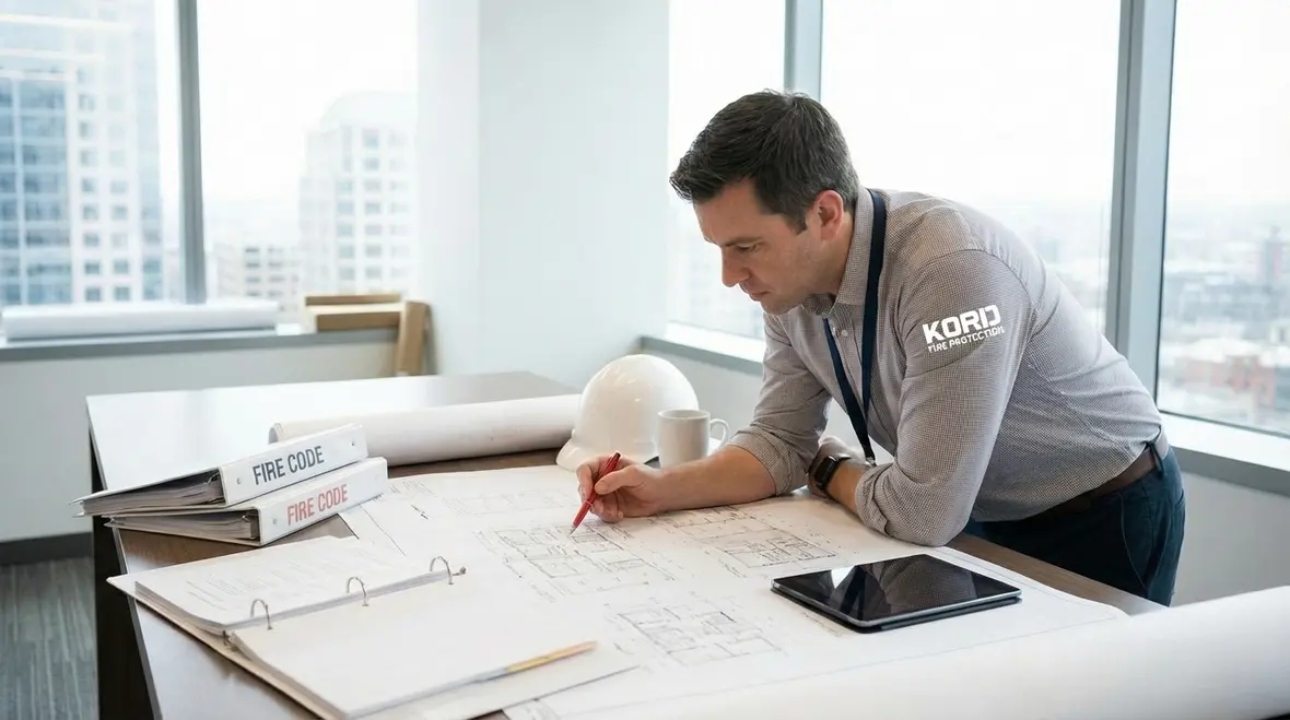 Fire inspection in a Glendale commercial hallway