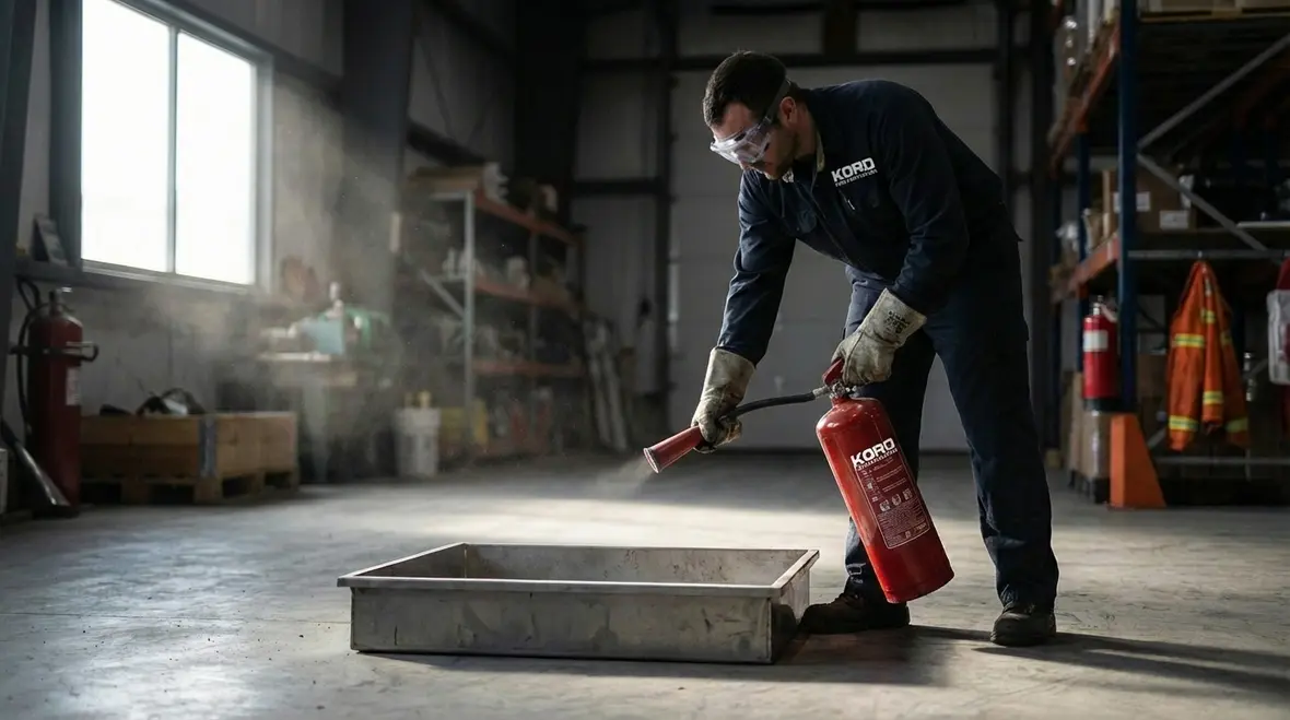 Licensed technician discharging and tagging fire extinguishers for disposal