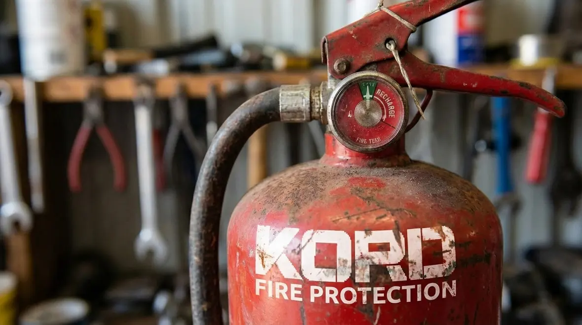 Expired commercial fire extinguishers staged for compliant disposal