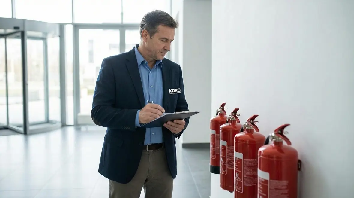 Technician preparing to dispose of expired fire extinguishers safely