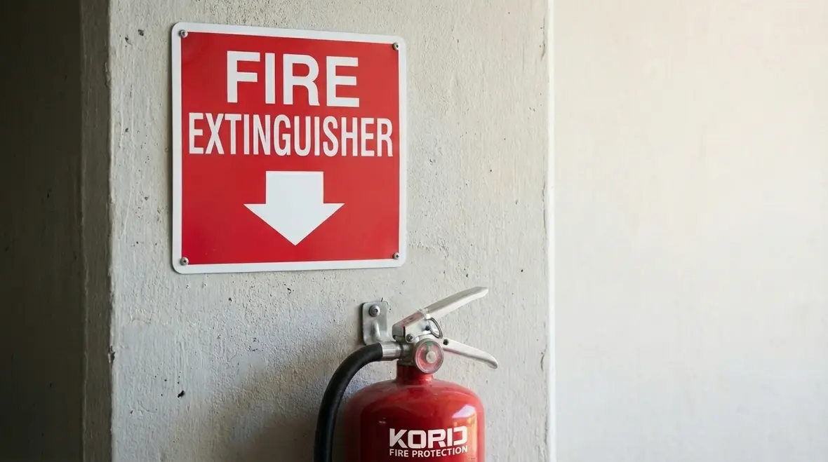 High-mounted fire extinguisher sign in warehouse aisle