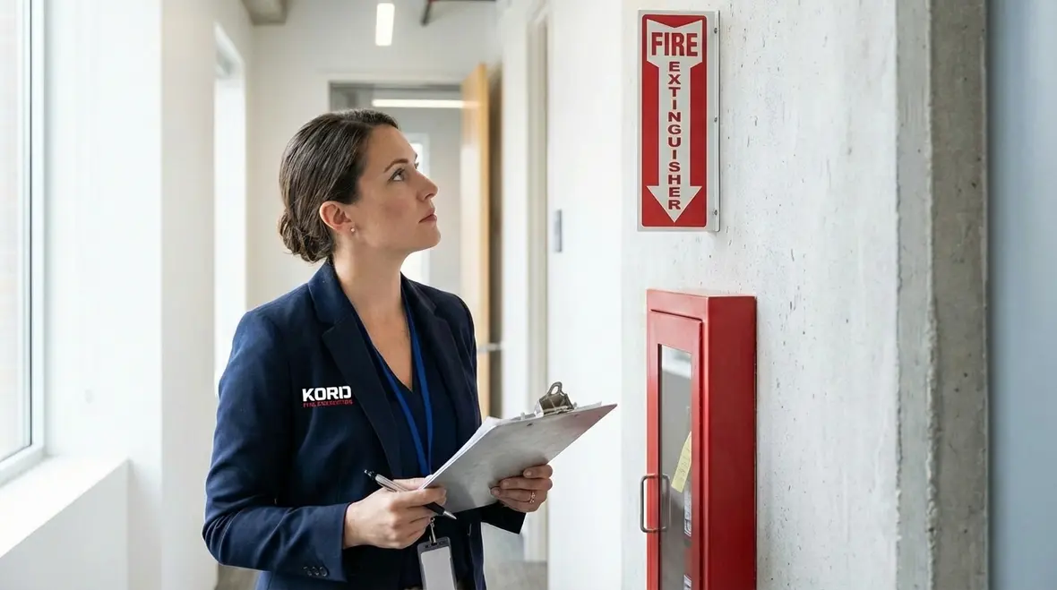Wall-mounted fire extinguisher cabinet with signage