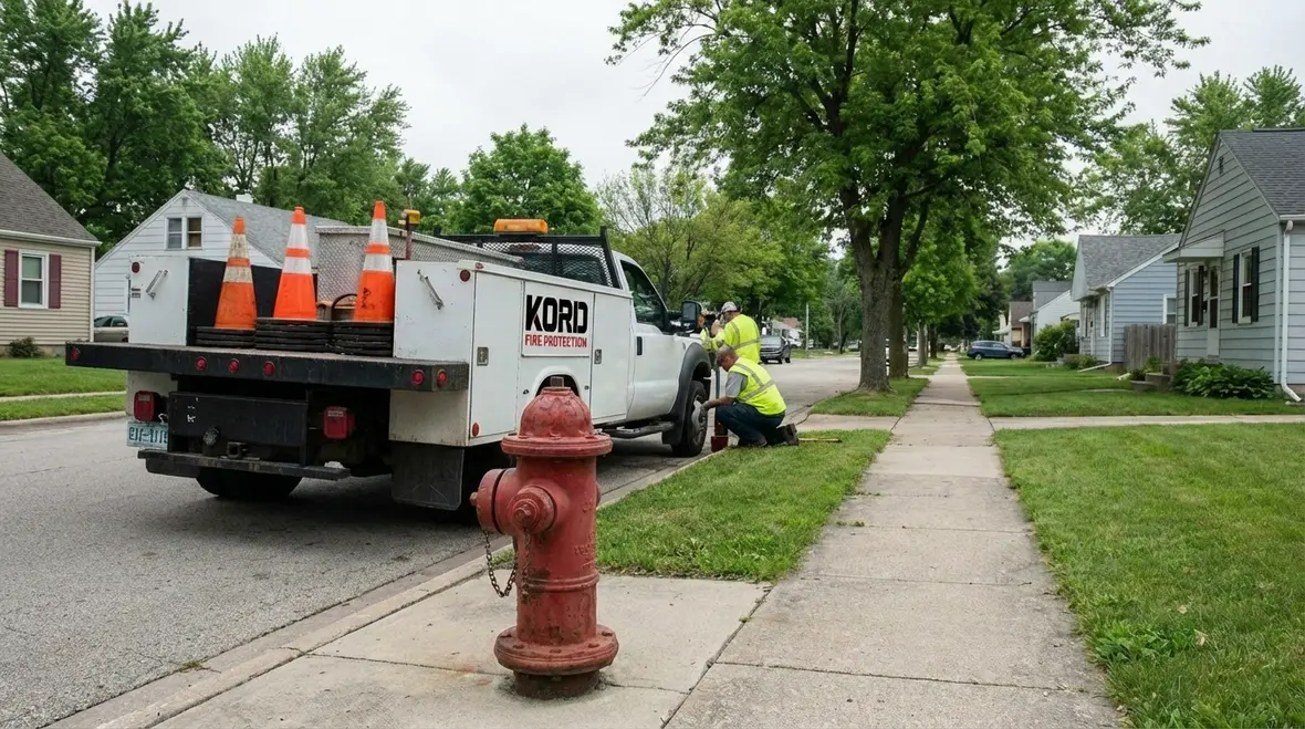 Technician inspecting a painted fire hydrant