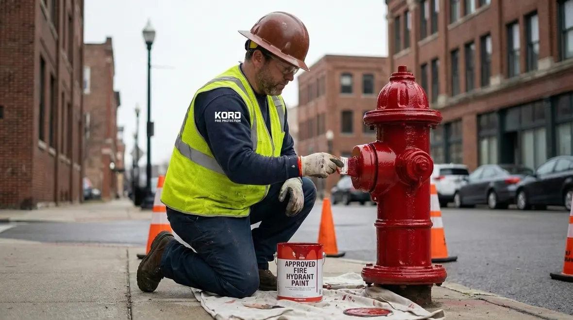 Red municipal fire hydrant on a city sidewalk