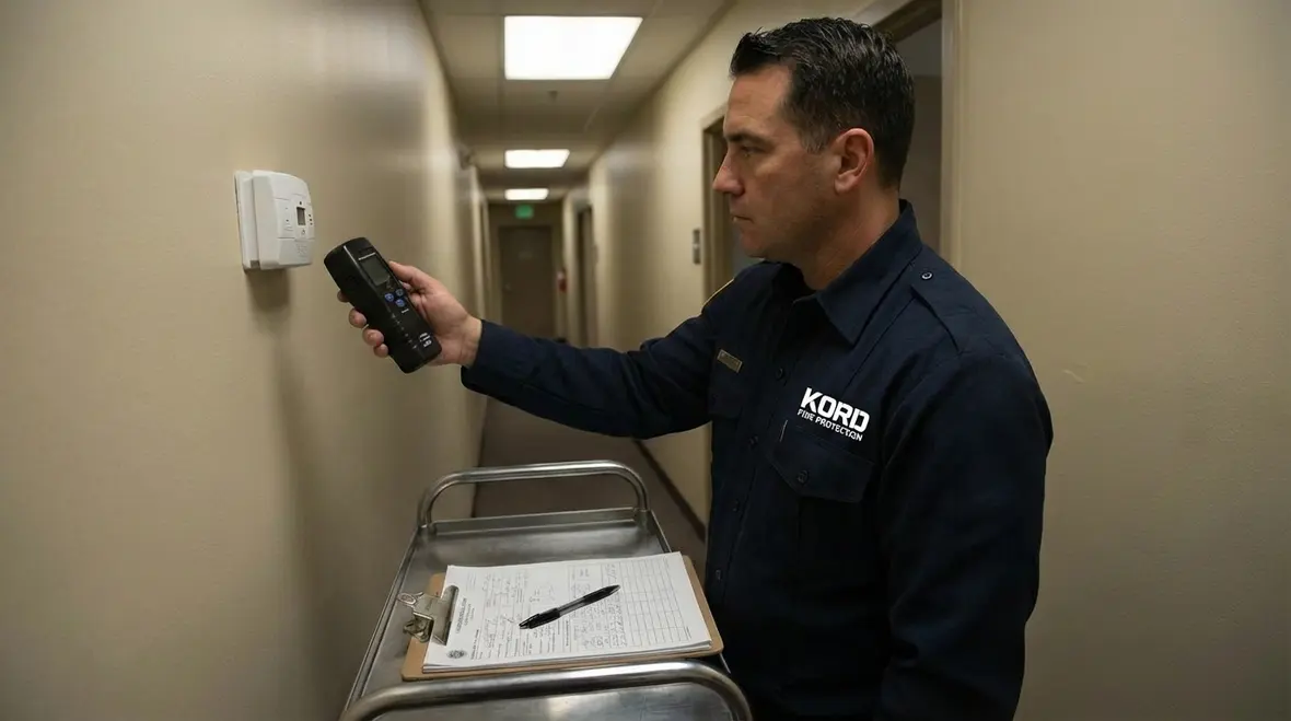 Close-up of a carbon monoxide detector during inspection