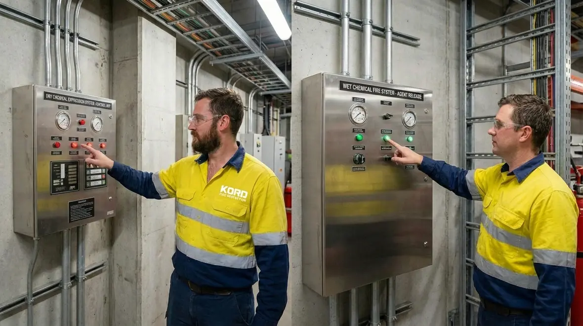 Wet chemical fire suppression over a commercial kitchen cookline