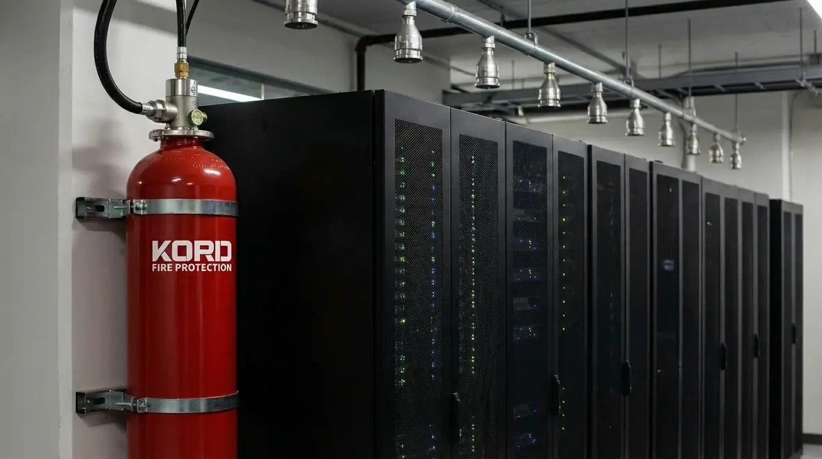 Technician inspecting pre engineered and engineered fire suppression cylinders