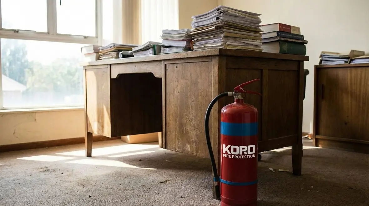 Fire extinguisher placed in a visible, accessible hallway location