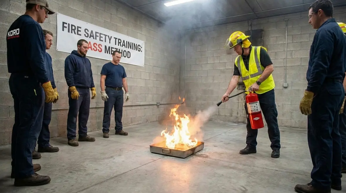 Blocked and properly mounted fire extinguishers showing good and bad practices