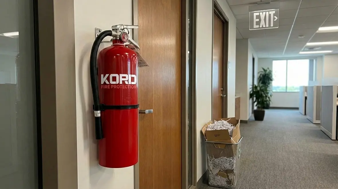 Class A fire extinguisher mounted in commercial hallway