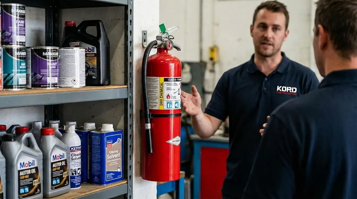 Class B fire extinguisher for flammable liquids in use