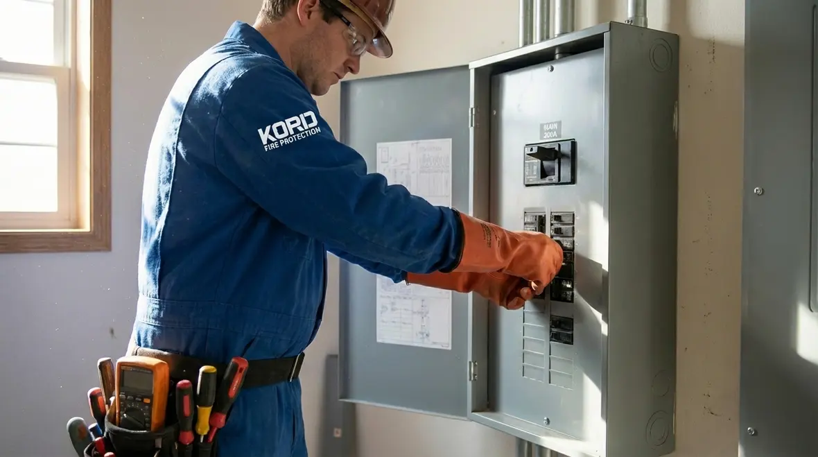 Technician safely shutting off electrical panel during fire response