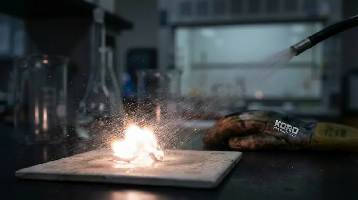 Technician explaining Class D fire extinguisher for metal fires