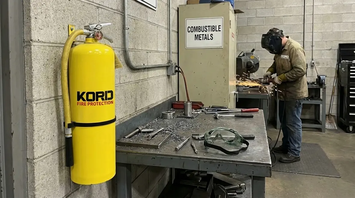 Class D fire extinguisher for metal fires in labs and shops