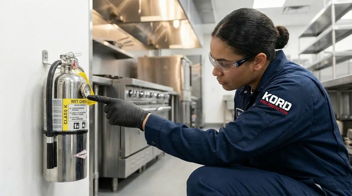 Demonstration of wet chemical extinguisher discharge pattern