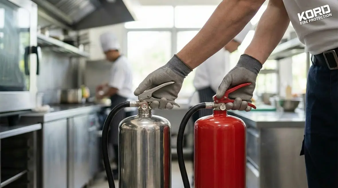 Technician explaining Class K vs wet chemical extinguisher in commercial kitchen