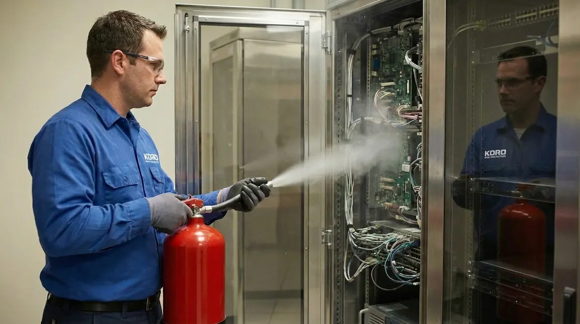Server room protected by clean agent fire extinguishers
