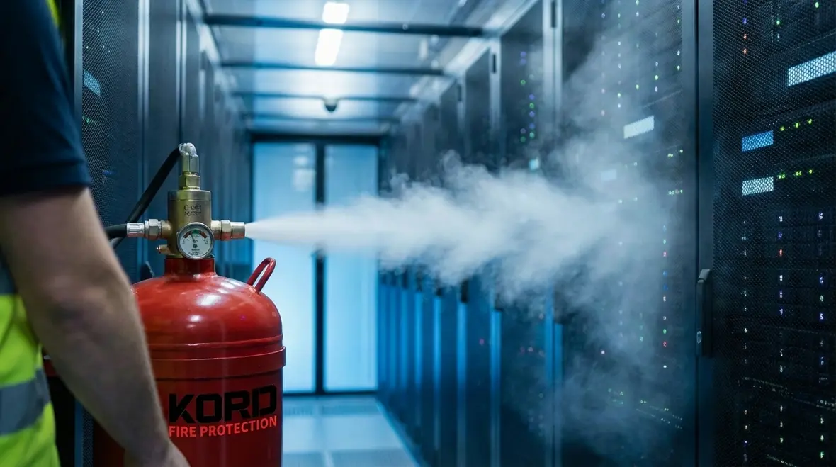 Clean agent nozzles installed over high-density server racks