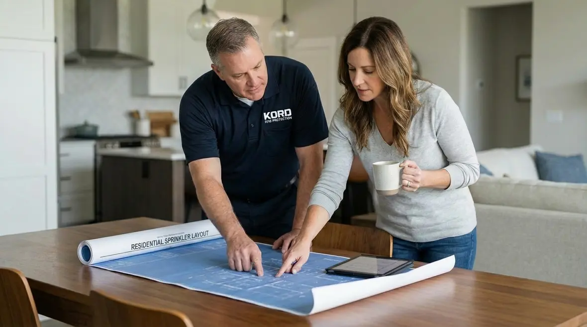 Contractor reviewing NFPA 13D vs 13R sprinkler drawings