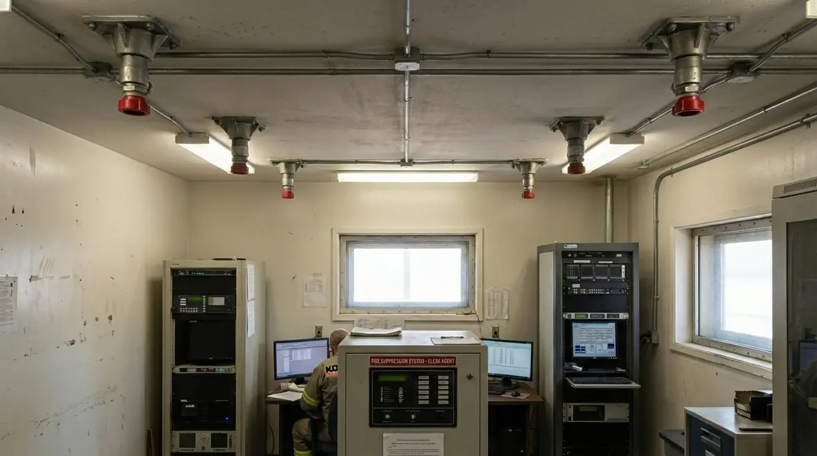 Nozzles and piping of a clean agent suppression system in a sealed room