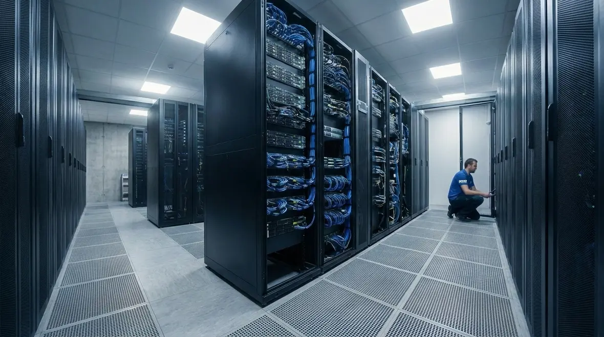 Technician reviewing clean agent and water mist design options for a data room