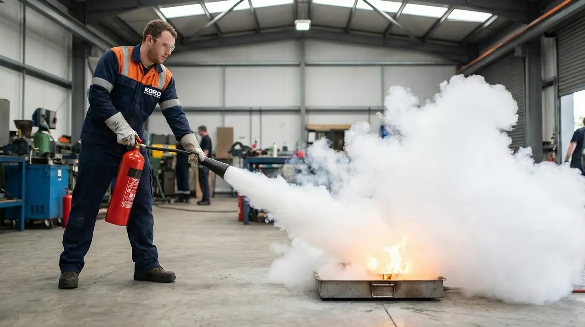 Technician reviewing CO2 fire extinguisher safety risks in a commercial building