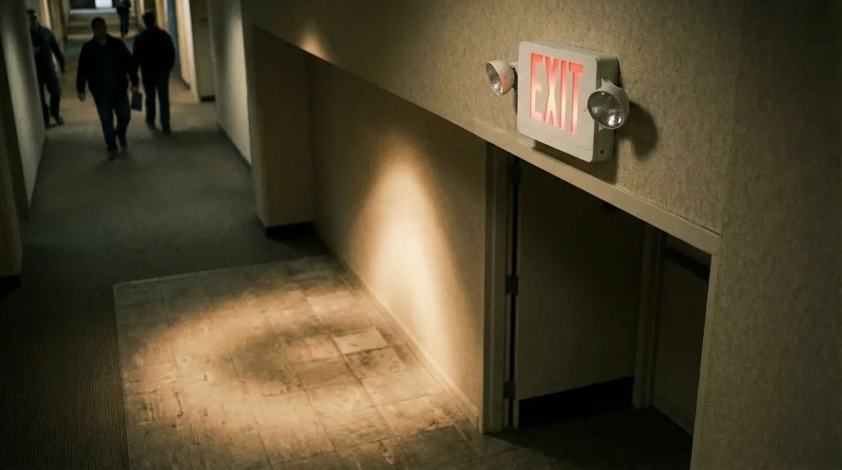 Closeup of combo exit sign emergency light in hallway