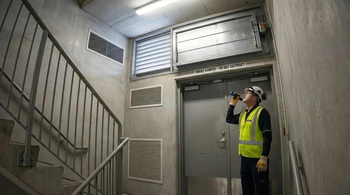 Technicians coordinating integrated high rise fire protection systems
